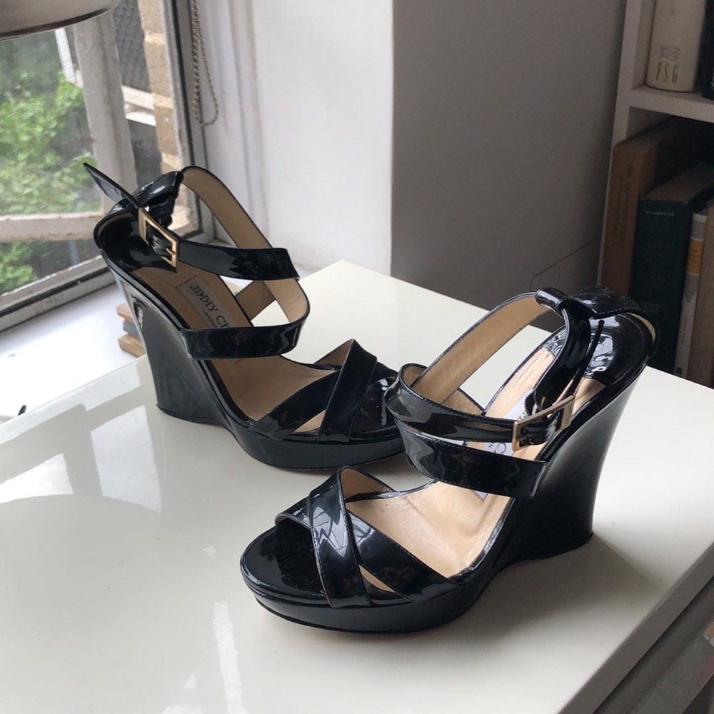 Jimmy Choo Black Patent Lucia Wedge (36.5)